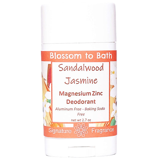 Buy Blossom to Bath Sandalwood Jasmine Magnesium Zinc Deodorant from Flowersong Soap Studio.   Natural Deodorant Protection with a Long Lasting Warm Woody Scent Made from Pure Botanicals and Butters .  Floral jasmine meets earthy sandalwood to create a soul stirring blend.