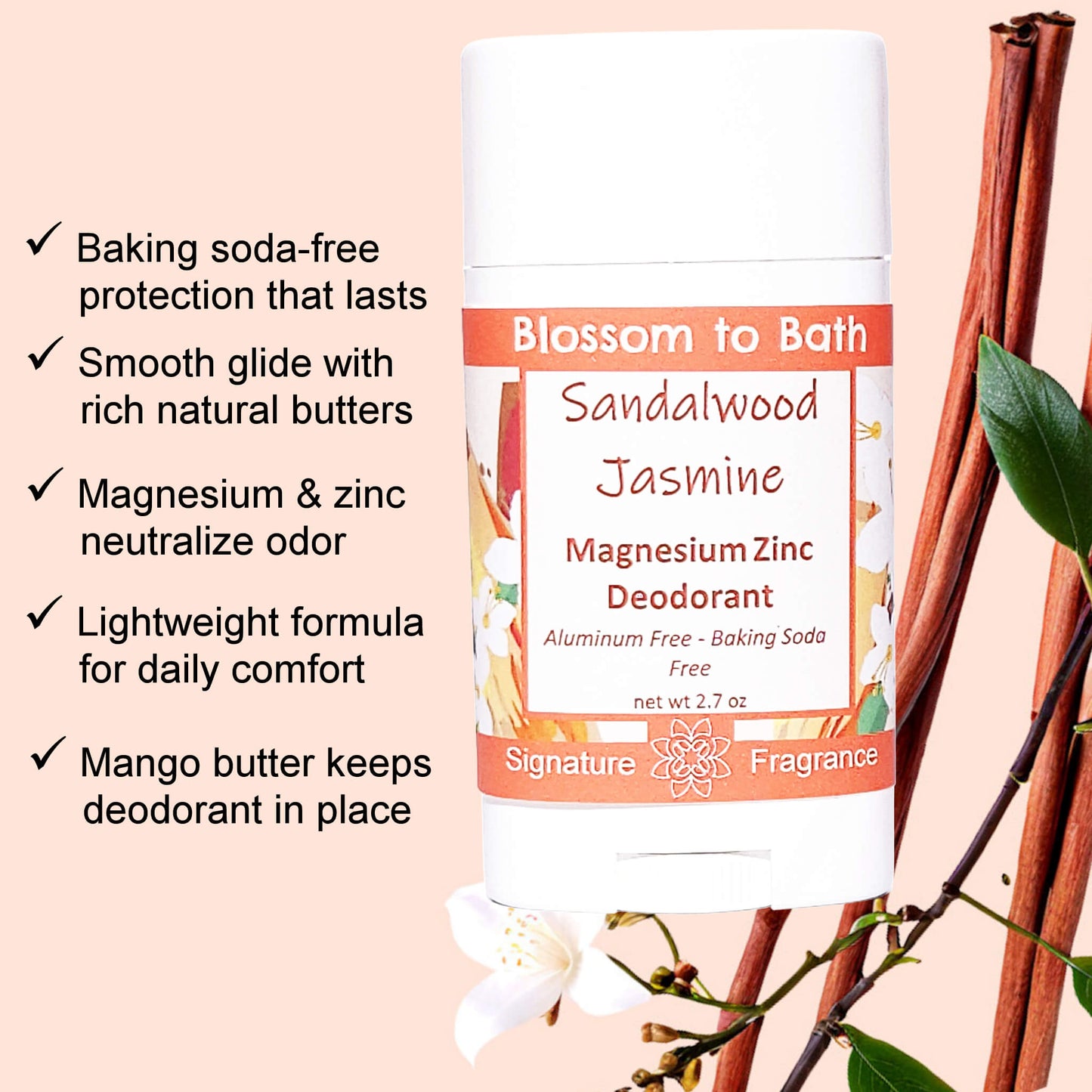 Sandalwood Jasmine Magnesium Zinc Deodorant (2.7 ounce) - Phthalate Free Fragrance