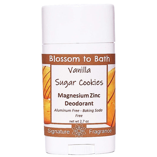Buy Blossom to Bath Vanilla Sugar Cookies Magnesium Zinc Deodorant from Flowersong Soap Studio.   Natural Deodorant Protection with a Long Lasting Rich Vanilla Scent Made from Pure Botanicals and Butters .  Captures the irresistible aroma of freshly baked cookies, rich with buttercream frosting and sweet vanilla.