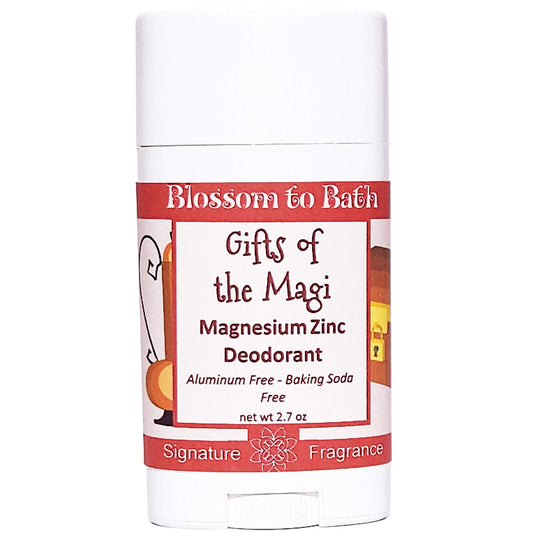 Buy Blossom to Bath Gifts of the Magi Magnesium Zinc Deodorant from Flowersong Soap Studio.   Natural Deodorant Protection with a Long Lasting Warm Incense Scent Made from Pure Botanicals and Butters .  Celebrate the soulful side of the holiday spirit with warm spices and incense.