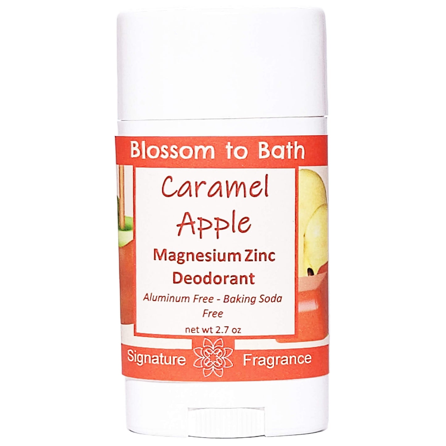 Buy Blossom to Bath Caramel Apple Magnesium Zinc Deodorant from Flowersong Soap Studio.   Natural Deodorant Protection with a Long Lasting Candy Apple Scent Made from Pure Botanicals and Butters .  Juicy apples and rich caramel swirl together in a decadent aroma that feels like a cozy hug.
