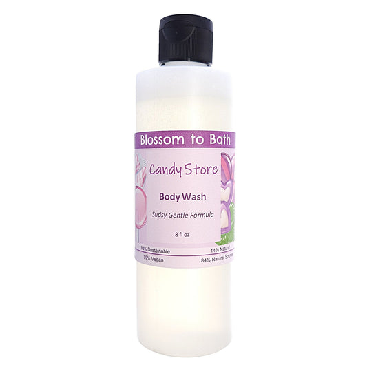 Buy Blossom to Bath Candy Store Body Wash from Flowersong Soap Studio.   Get Smooth Silky Skin With Playfully Fruity Scented Gentle Cleansers That Are Super Sudsy .  A nostalgic fragrance has pops of sweet fruity bubbles on a bed of spun sugar and vanilla bean.