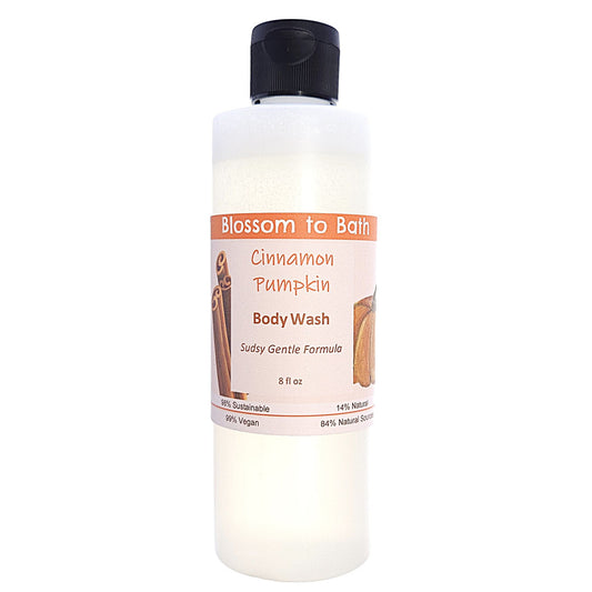 Buy Blossom to Bath Cinnamon Pumpkin Body Wash from Flowersong Soap Studio.   Get Smooth Silky Skin With Sweet Cinnamon Pumpkin Scented Gentle Cleansers That Are Super Sudsy .  An engaging, cheerful scent filled with sweet vanilla and warm spice.