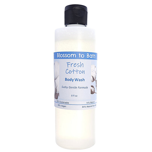 Buy Blossom to Bath Fresh Cotton Body Wash from Flowersong Soap Studio.   Get Smooth Silky Skin With Fresh Cotton Scented Gentle Cleansers That Are Super Sudsy .  Smells like clean sheets drying in a breeze of spring blossoms.