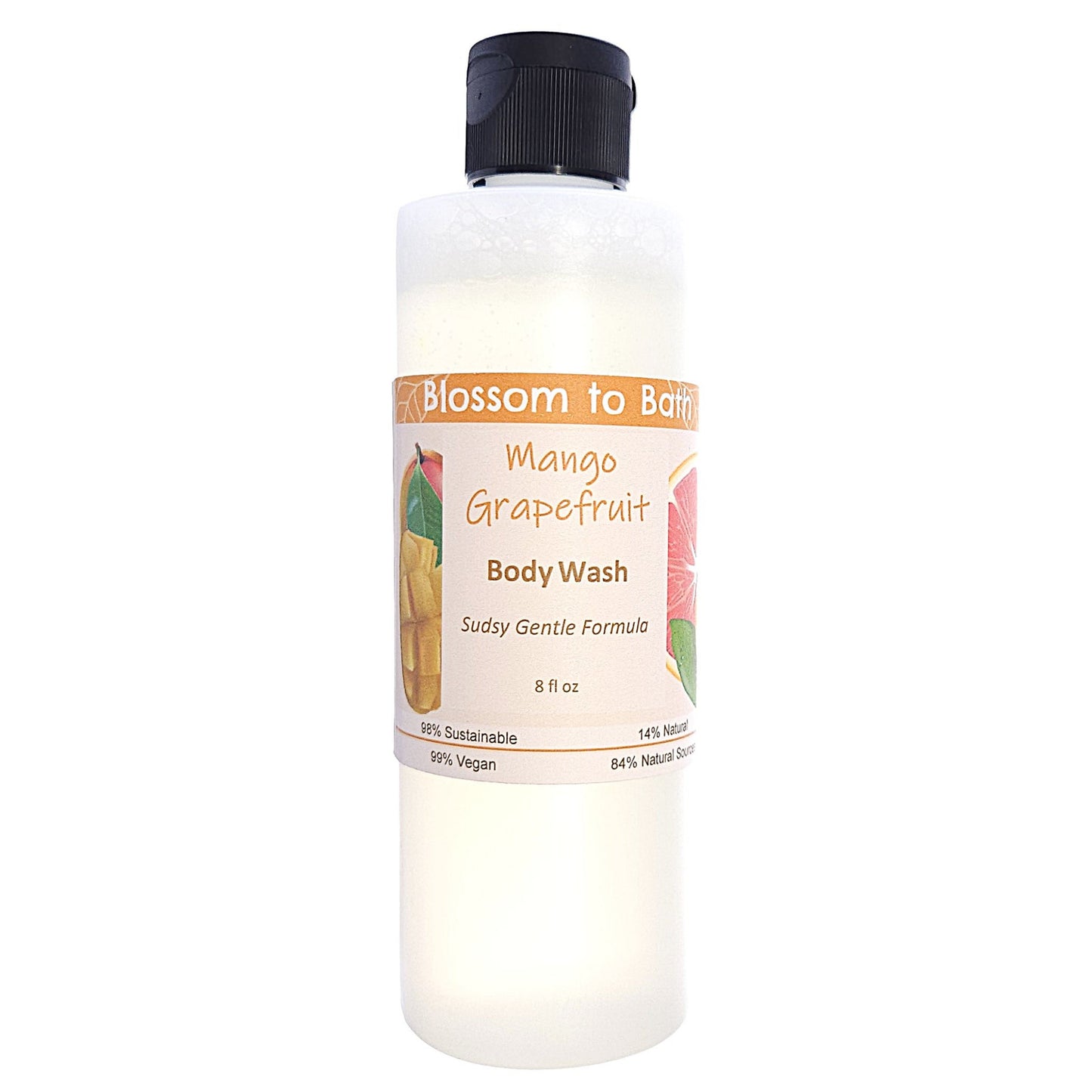 Buy Blossom to Bath Mango Grapefruit Body Wash from Flowersong Soap Studio.   Get Smooth Silky Skin With Luxurious Vibrant Fruit Scented Gentle Cleansers That Are Super Sudsy .  Exotic tropical fruits in a powdery puff of sophisticated freshness.