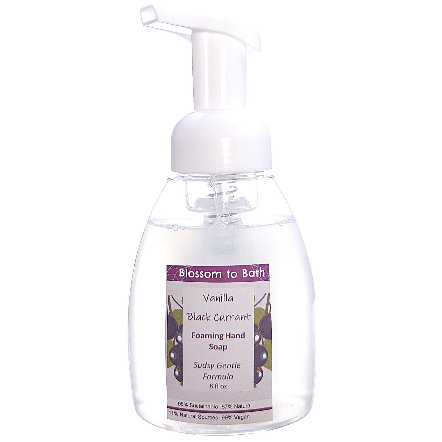 Buy Blossom to Bath Vanilla Black Currant Foaming Hand Soap from Flowersong Soap Studio.   Clean Hands Without Drying In A Convenient Luxurious Deep Fruity Scented Foaming Pump .  A sensuous rich berry scent with a hint of vanilla and a twist of freshness.