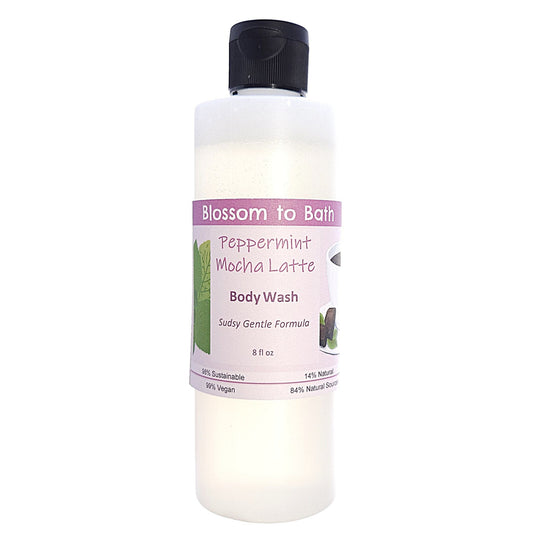 Buy Blossom to Bath Peppermint Mocha Latte Body Wash from Flowersong Soap Studio.   Get Smooth Silky Skin With Peppermint And Chocolate Scented Gentle Cleansers That Are Super Sudsy .  A confectionary blend of fresh mint, rich fudge, and coffee.