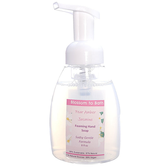 Buy Blossom to Bath Pear Amber Jasmine Foaming Hand Soap from Flowersong Soap Studio.   Clean Hands Without Drying In A Convenient Sweet Tropical Floral Scented Foaming Pump .  A scent that lets you escape to an island paradise of pear, jasmine, and warm spices.