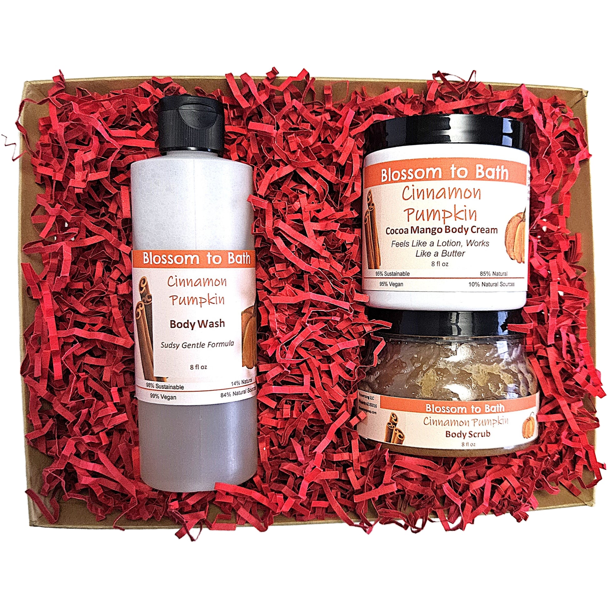 Buy Blossom to Bath Cinnamon Pumpkin Blossom and Glow Gift Set from Flowersong Soap Studio.   The Most Luxurious Set Of Sweet Cinnamon Pumpkin Scented Self Care Anyone Would Love To Receive .  An engaging, cheerful scent filled with sweet vanilla and warm spice.