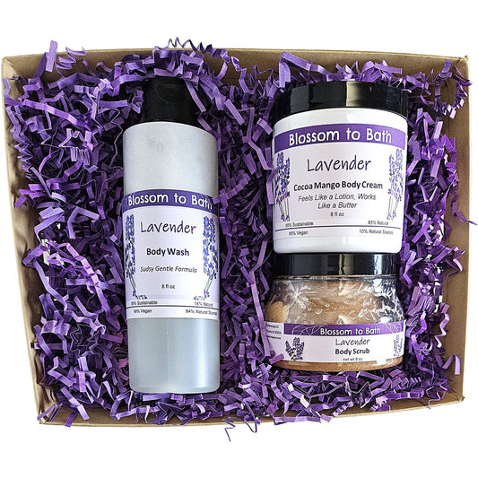 Buy Blossom to Bath Lavender Blossom and Glow Gift Set from Flowersong Soap Studio.   The Most Luxurious Set Of Lavender Scented Self Care Anyone Would Love To Receive .  Classic lavender scent that is relaxing and comforting.