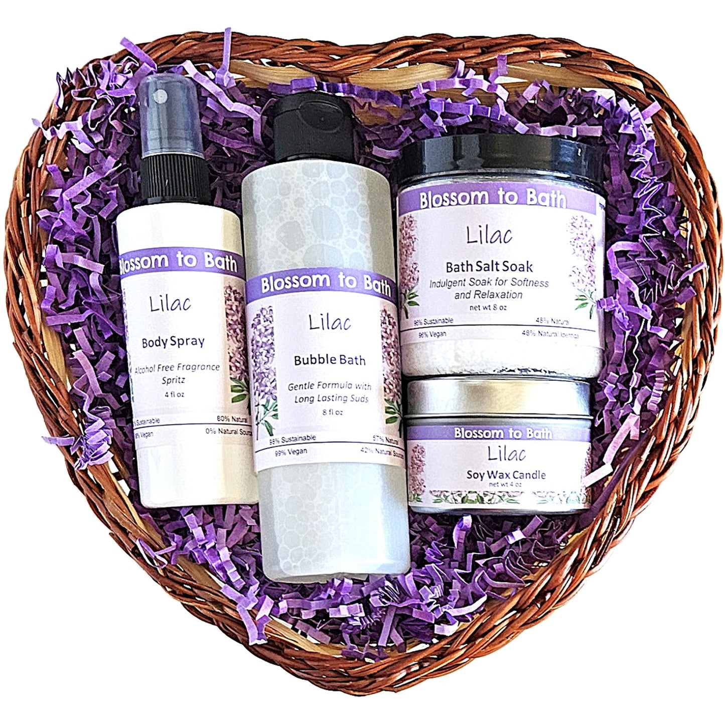 Buy Blossom to Bath Lilac Heart of Luxury Gift Basket from Flowersong Soap Studio.   A Heartfelt Gift Of Lilac Scented Self Care Anyone Would Love To Receive .  The scent of a freshly blooming lilac bush, the embodiment of spring flowers.