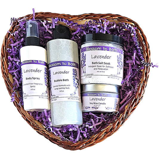 Buy Blossom to Bath Lavender Heart of Luxury Gift Basket from Flowersong Soap Studio.   A Heartfelt Gift Of Lavender Scented Self Care Anyone Would Love To Receive .  Classic lavender scent that is relaxing and comforting.