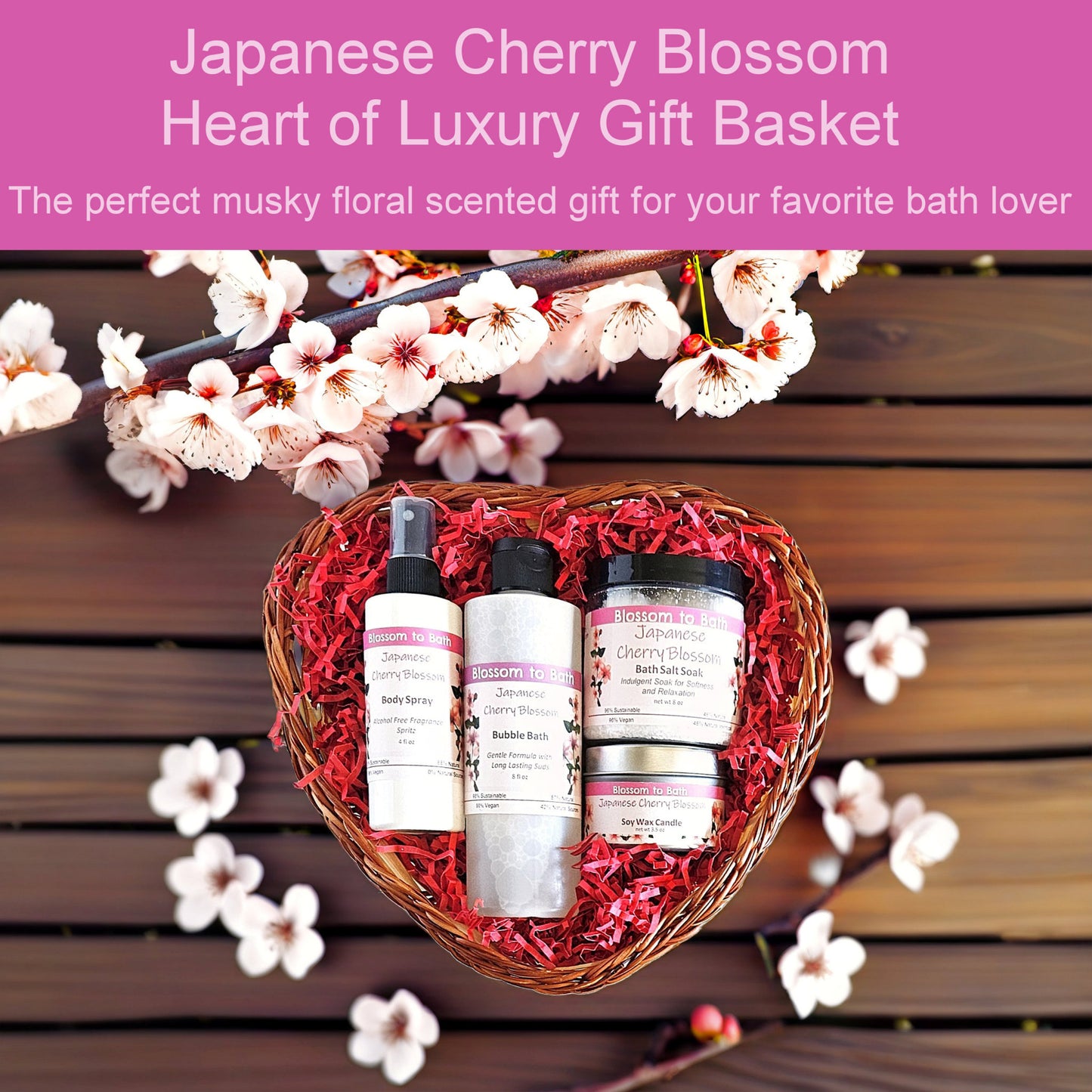 Japanese Cherry Blossom Heart of Luxury Gift Basket - Phthalate Free Fragrance