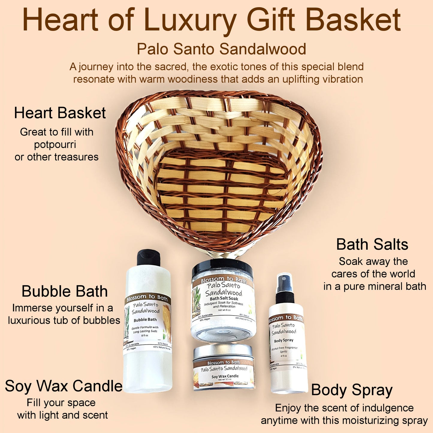 Palo Santo Sandalwood Heart of Luxury Gift Basket - Phthalate Free Fragrance