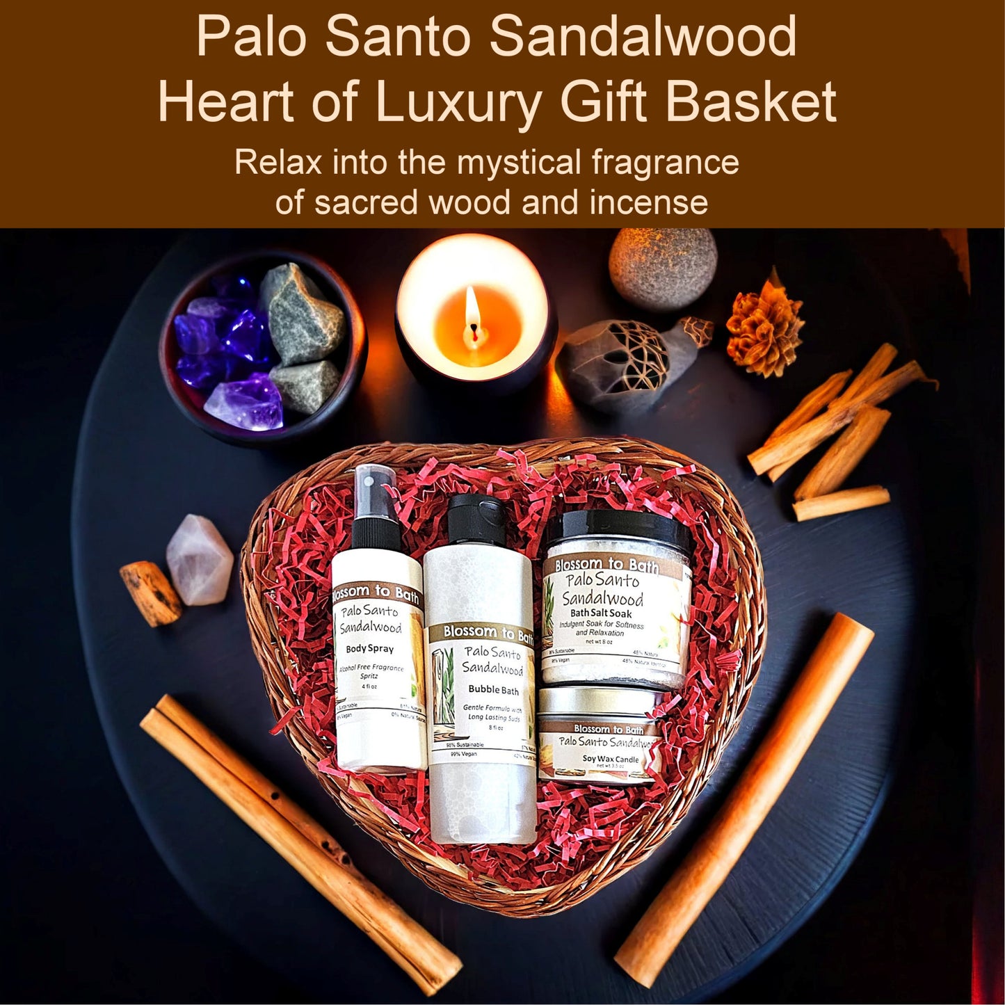 Palo Santo Sandalwood Heart of Luxury Gift Basket - Phthalate Free Fragrance