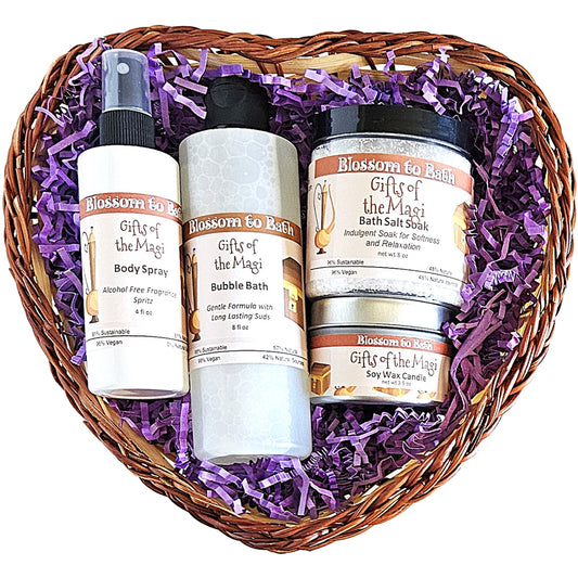 Buy Blossom to Bath Gifts of the Magi Heart of Luxury Gift Basket from Flowersong Soap Studio.   A Heartfelt Gift Of Warm Incense Scented Self Care Anyone Would Love To Receive .  Celebrate the soulful side of the holiday spirit with warm spices and incense.