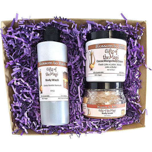 Buy Blossom to Bath Gifts of the Magi Blossom and Glow Gift Set from Flowersong Soap Studio.   The Most Luxurious Set Of Warm Incense Scented Self Care Anyone Would Love To Receive .  Celebrate the soulful side of the holiday spirit with warm spices and incense.