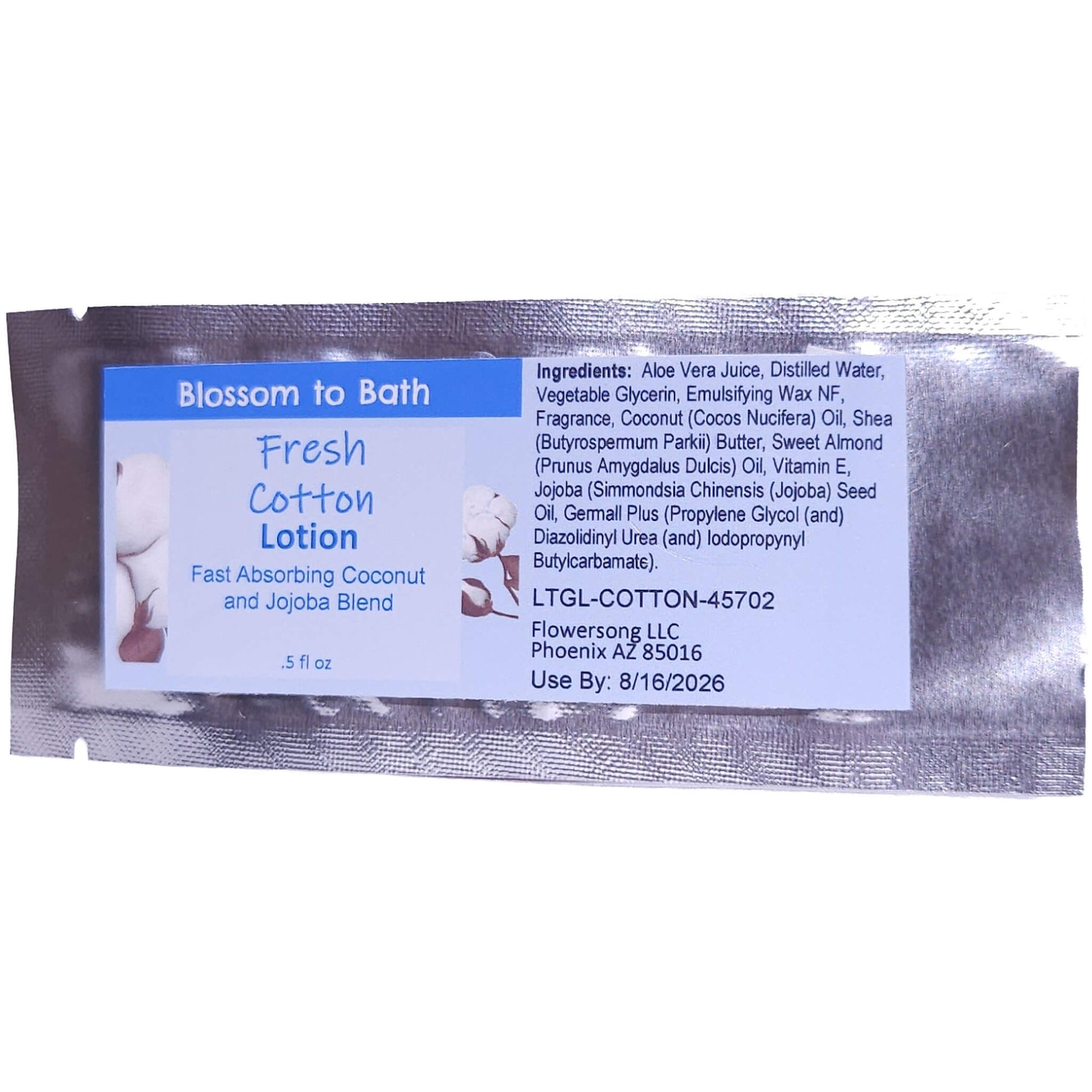 Buy Blossom to Bath Fresh Cotton Lotion from Flowersong Soap Studio.   Daily Use Lotion with a Fresh Cotton Scent that Soaks in Quickly to Soften and Smooth Skin .  Smells like clean sheets drying in a breeze of spring blossoms.