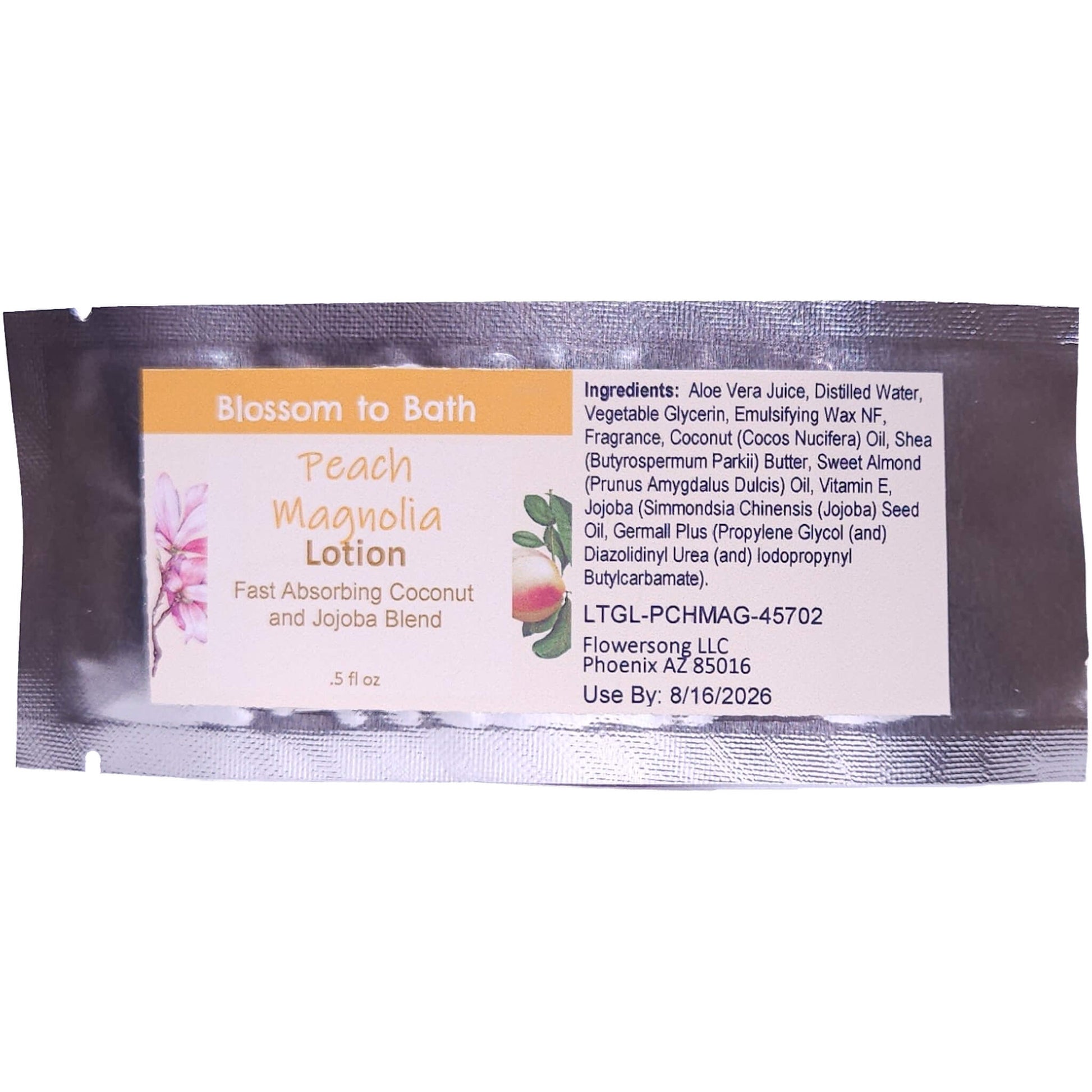 Buy Blossom to Bath Peach Magnolia Lotion from Flowersong Soap Studio.   Daily Use Lotion with a Fruit and Flowers Scent that Soaks in Quickly to Soften and Smooth Skin .  An intoxicating blend of peach, magnolia, and raspberry.  Addicting and cheerful, it is a happy-go-lucky fragrance.