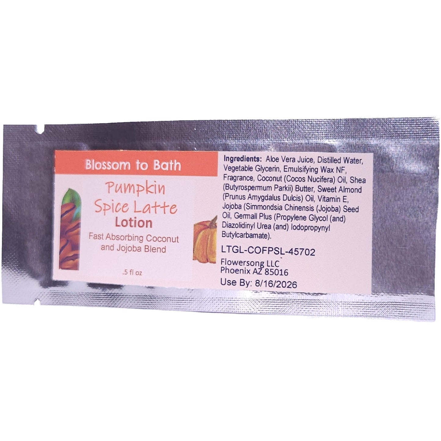 Buy Blossom to Bath Pumpkin Spice Latte Lotion from Flowersong Soap Studio.   Daily Use Lotion with a Pumpkin Spice Scent that Soaks in Quickly to Soften and Smooth Skin .  Deep vanilla and lightly fruited spice blend seamlessly with rich coffee.