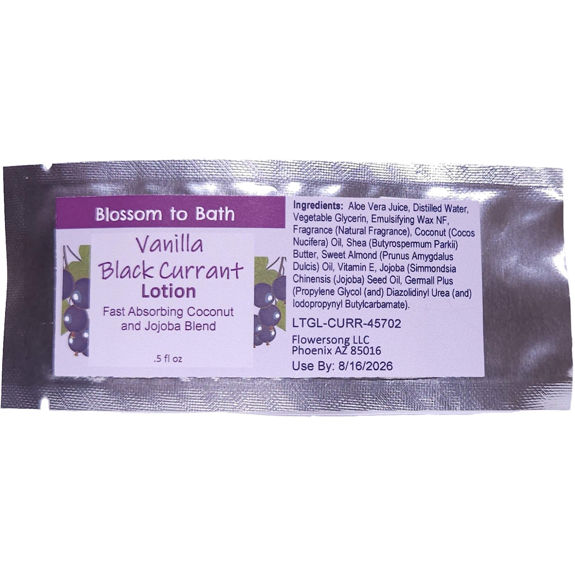 Buy Blossom to Bath Vanilla Black Currant Lotion from Flowersong Soap Studio.   Daily Use Lotion with a Deep Fruity Scent that Soaks in Quickly to Soften and Smooth Skin .  A sensuous rich berry scent with a hint of vanilla and a twist of freshness.