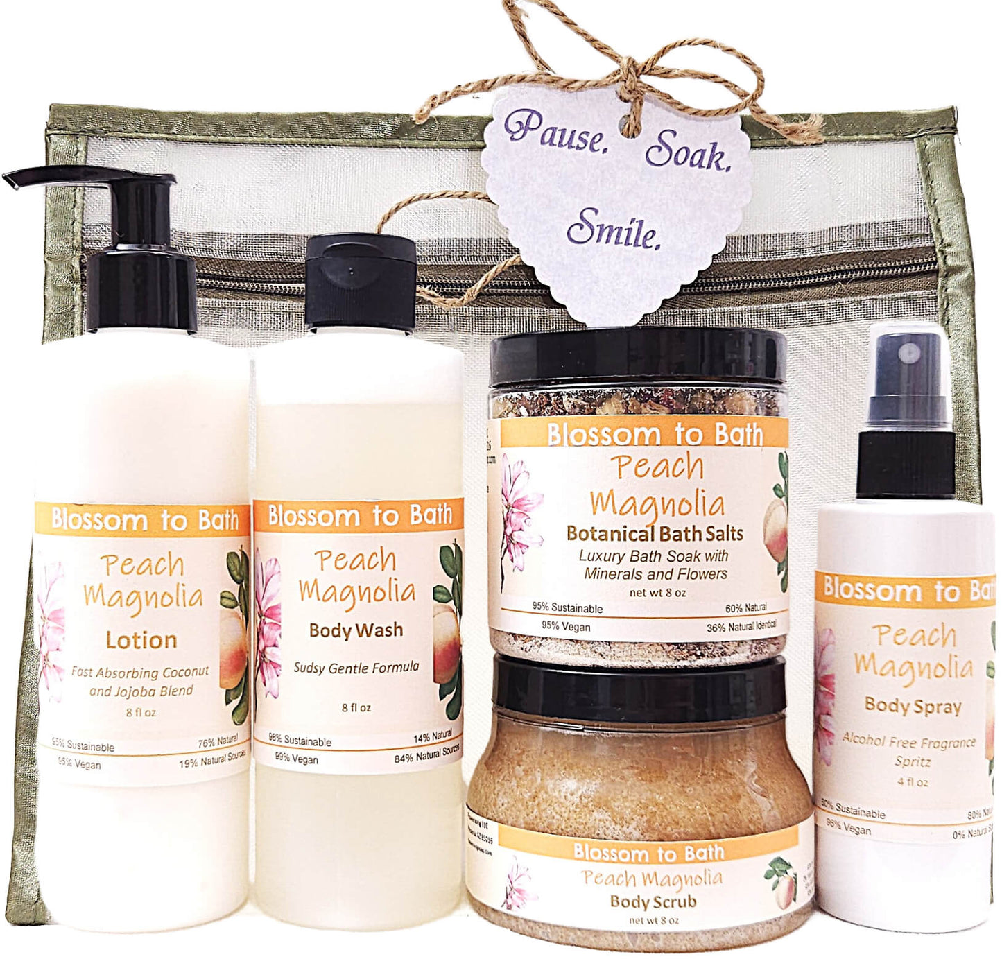 Buy Blossom to Bath Peach Magnolia Luxury Spa Gift Set from Flowersong Soap Studio.   Wrap Someone (or Yourself) in Peach Magnolia Love .  An intoxicating blend of peach, magnolia, and raspberry.  Addicting and cheerful, it is a happy-go-lucky fragrance.