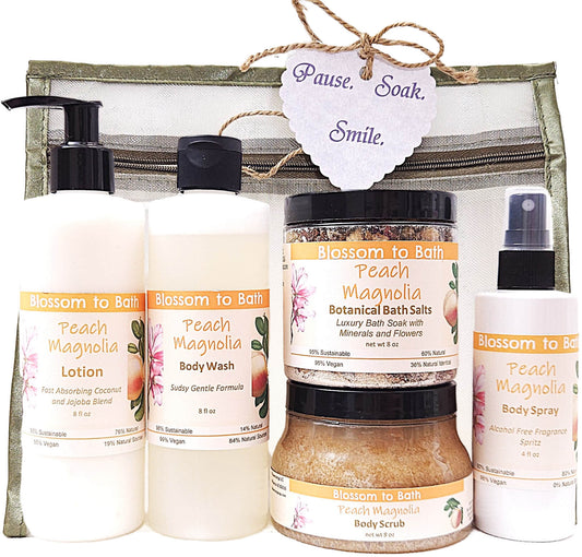 Buy Blossom to Bath Peach Magnolia Luxury Spa Gift Set from Flowersong Soap Studio.   Wrap Someone (or Yourself) in Peach Magnolia Love .  An intoxicating blend of peach, magnolia, and raspberry.  Addicting and cheerful, it is a happy-go-lucky fragrance.