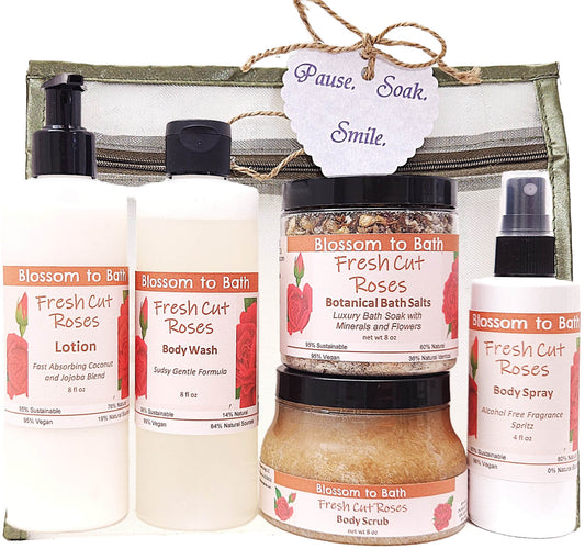 Buy Blossom to Bath Fresh Cut Roses Luxury Spa Gift Set from Flowersong Soap Studio.   Wrap Someone (or Yourself) in Fresh Cut Roses Love .  A true rose fragrance, the scent captures the splendor of a newly blossomed rose.