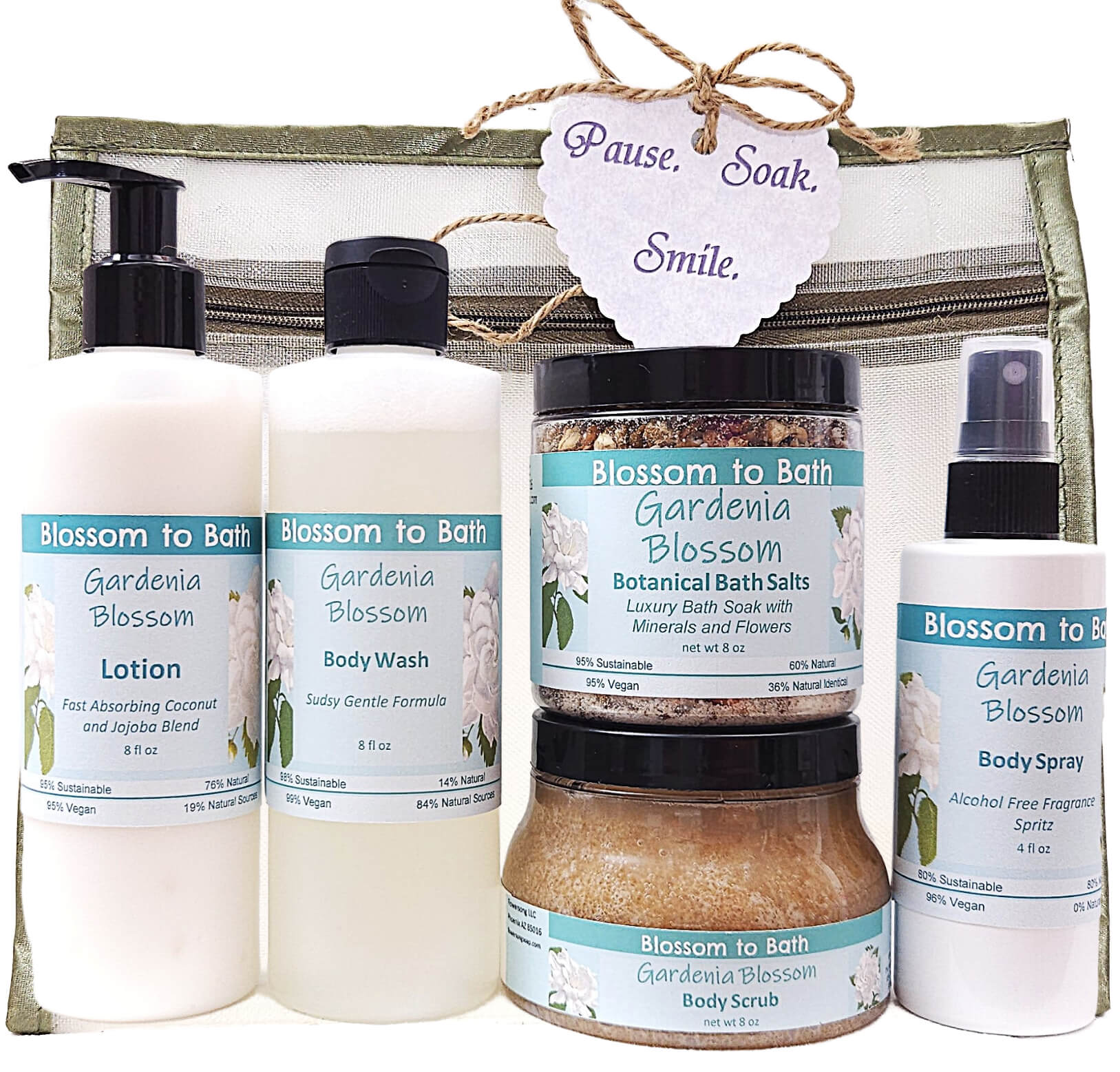 Buy Blossom to Bath Gardenia Blossom Luxury Spa Gift Set from Flowersong Soap Studio.   Wrap Someone (or Yourself) in Gardenia Blossom Love .  Sweet Gardenia in a puff of blooming summer flowers