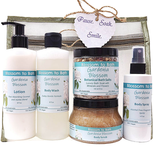 Buy Blossom to Bath Gardenia Blossom Luxury Spa Gift Set from Flowersong Soap Studio.   Wrap Someone (or Yourself) in Gardenia Blossom Love .  Sweet Gardenia in a puff of blooming summer flowers