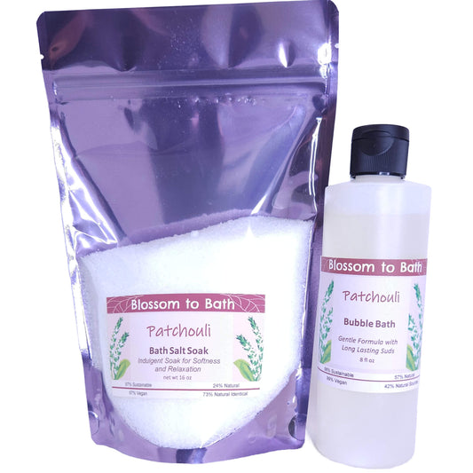 Buy Blossom to Bath Patchouli Salt & Bubble Bundle from Flowersong Soap Studio.   .  The pure earthy, woody, spicy scent of straight Patchouli.