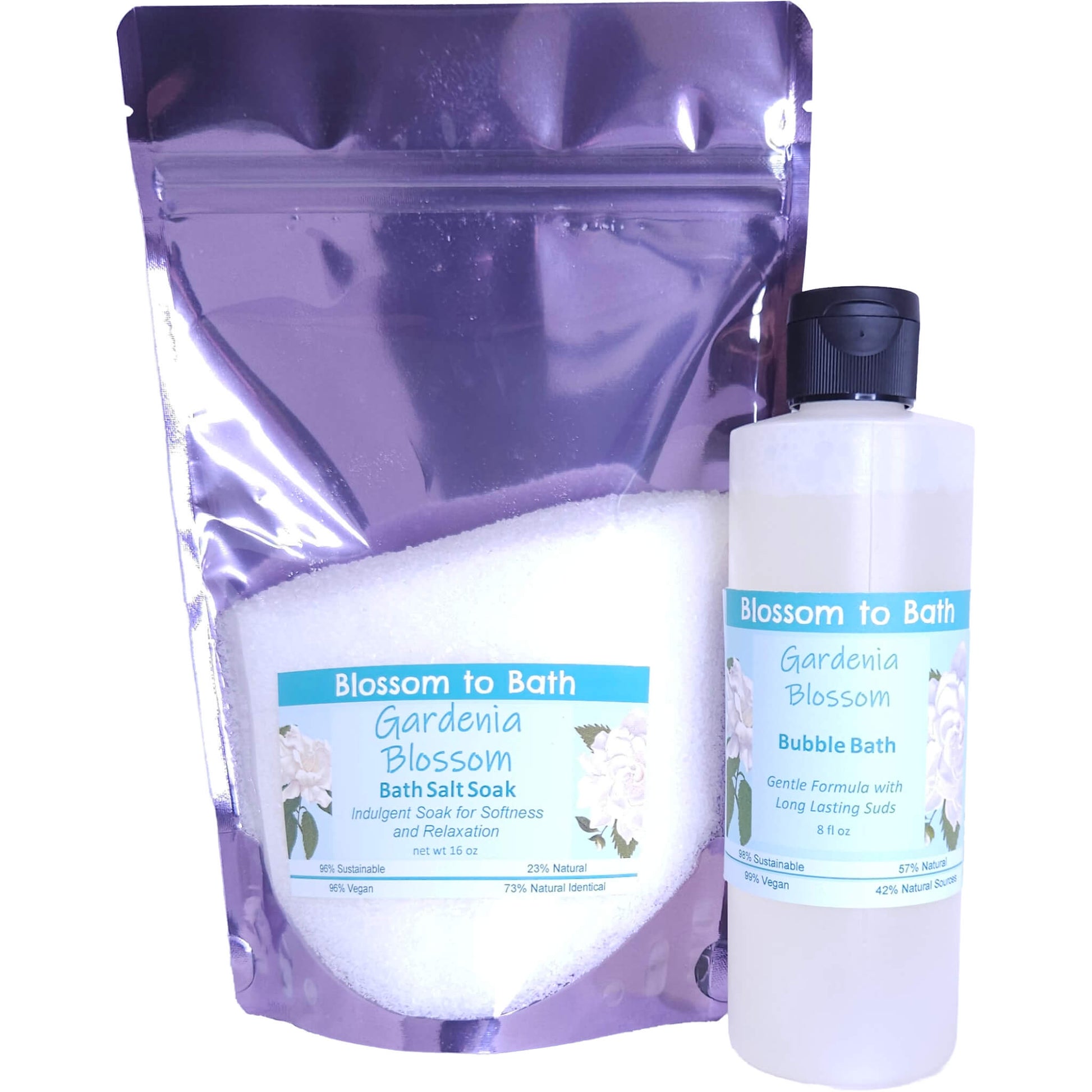 Buy Blossom to Bath Gardenia Blossom Salt & Bubble Bundle from Flowersong Soap Studio.   .  Sweet Gardenia in a puff of blooming summer flowers