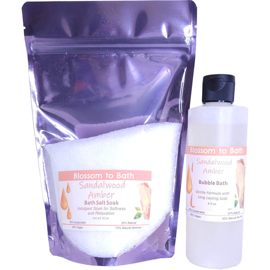 Buy Blossom to Bath Sandalwood Amber Salt & Bubble Bundle from Flowersong Soap Studio.   .  An irresistible combination of warm sandalwood and spice.