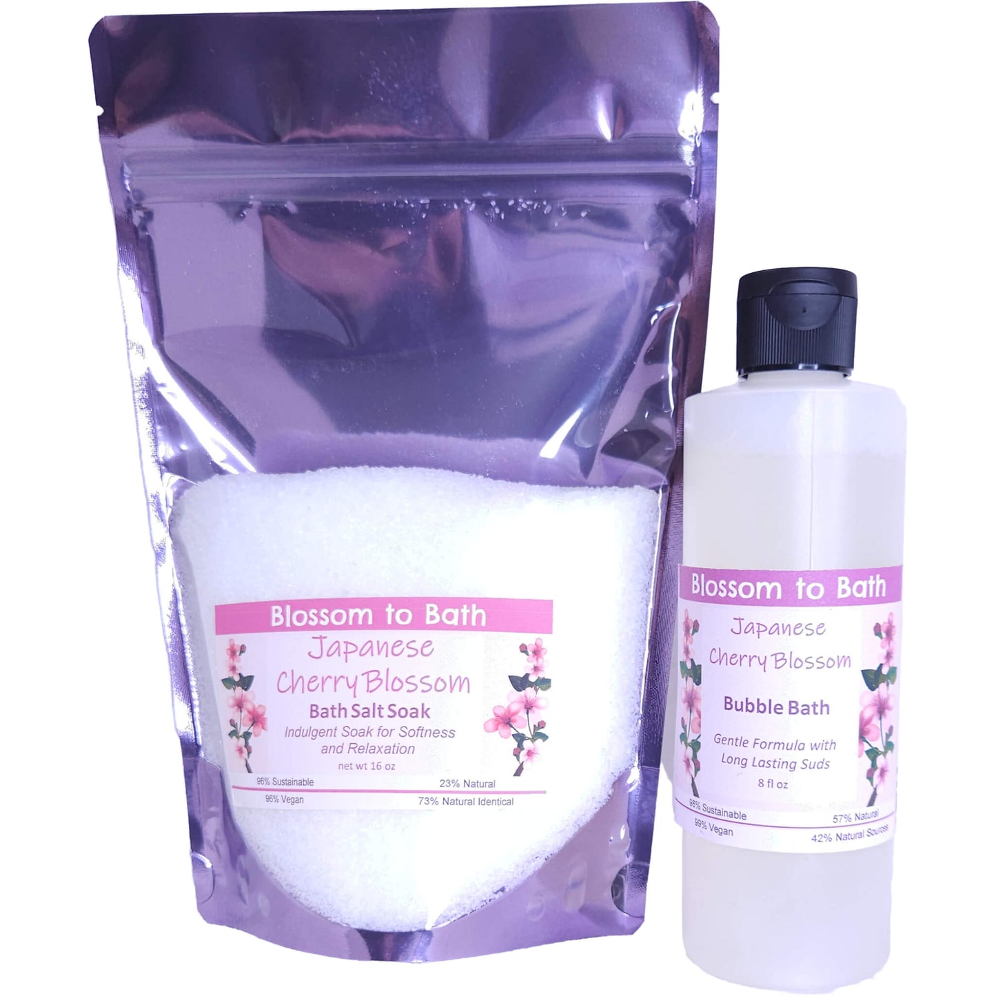 Buy Blossom to Bath Japanese Cherry Blossom Salt & Bubble Bundle from Flowersong Soap Studio.   .  A sophisticated and rich cherry blossom fragrance that is oriental and sensual.