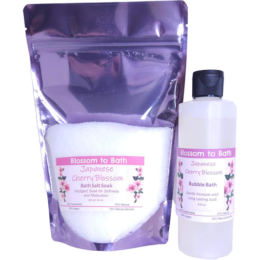 Buy Blossom to Bath Japanese Cherry Blossom Salt & Bubble Bundle from Flowersong Soap Studio.   .  A sophisticated and rich cherry blossom fragrance that is oriental and sensual.