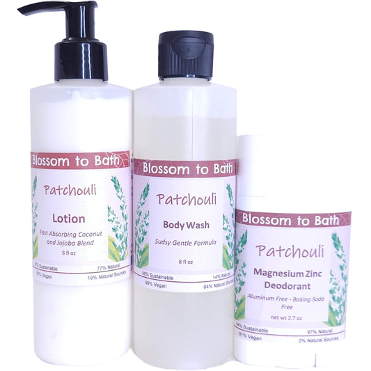 Buy Blossom to Bath Patchouli Daily Essentials Bundle from Flowersong Soap Studio.   Your Daily Ritual, Scented with Patchouli* Confidence .  The pure earthy, woody, spicy scent of straight Patchouli.