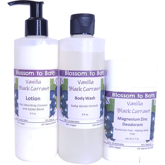 Buy Blossom to Bath Vanilla Black Currant Daily Essentials Bundle from Flowersong Soap Studio.   Your Daily Ritual, Scented with Vanilla Black Currant Confidence .  A sensuous rich berry scent with a hint of vanilla and a twist of freshness.