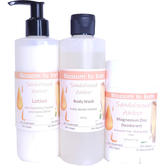 Buy Blossom to Bath Sandalwood Amber Daily Essentials Bundle from Flowersong Soap Studio.   Your Daily Ritual, Scented with Sandalwood Amber Confidence .  An irresistible combination of warm sandalwood and spice.