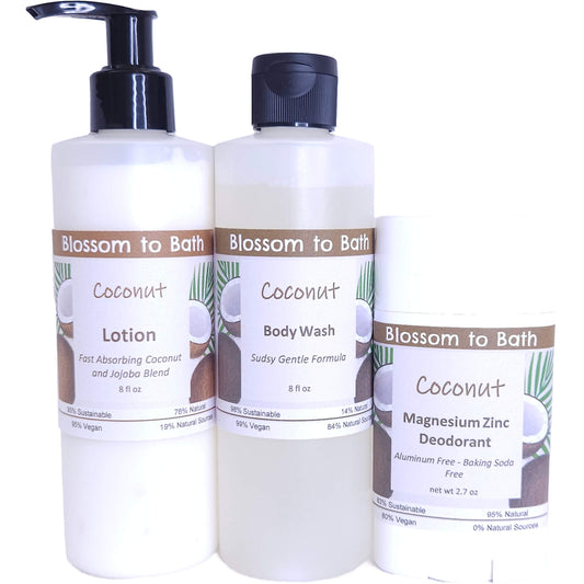 Buy Blossom to Bath Coconut Daily Essentials Bundle from Flowersong Soap Studio.   Your Daily Ritual, Scented with Coconut Confidence .  Bold coconut swirled with tropical fruit, creating a refreshing and sunny aroma that evokes a beachside ambiance.