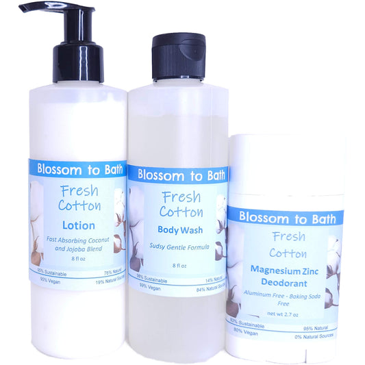 Buy Blossom to Bath Fresh Cotton Daily Essentials Bundle from Flowersong Soap Studio.   Your Daily Ritual, Scented with Fresh Cotton Confidence .  Smells like clean sheets drying in a breeze of spring blossoms.