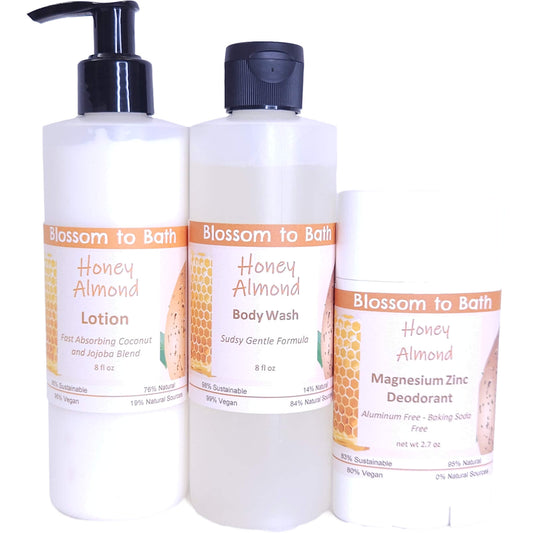 Buy Blossom to Bath Honey Almond Daily Essentials Bundle from Flowersong Soap Studio.   Your Daily Ritual, Scented with Honey Almond Confidence .  Sweetly fragrant nutty almond drizzled with honey.