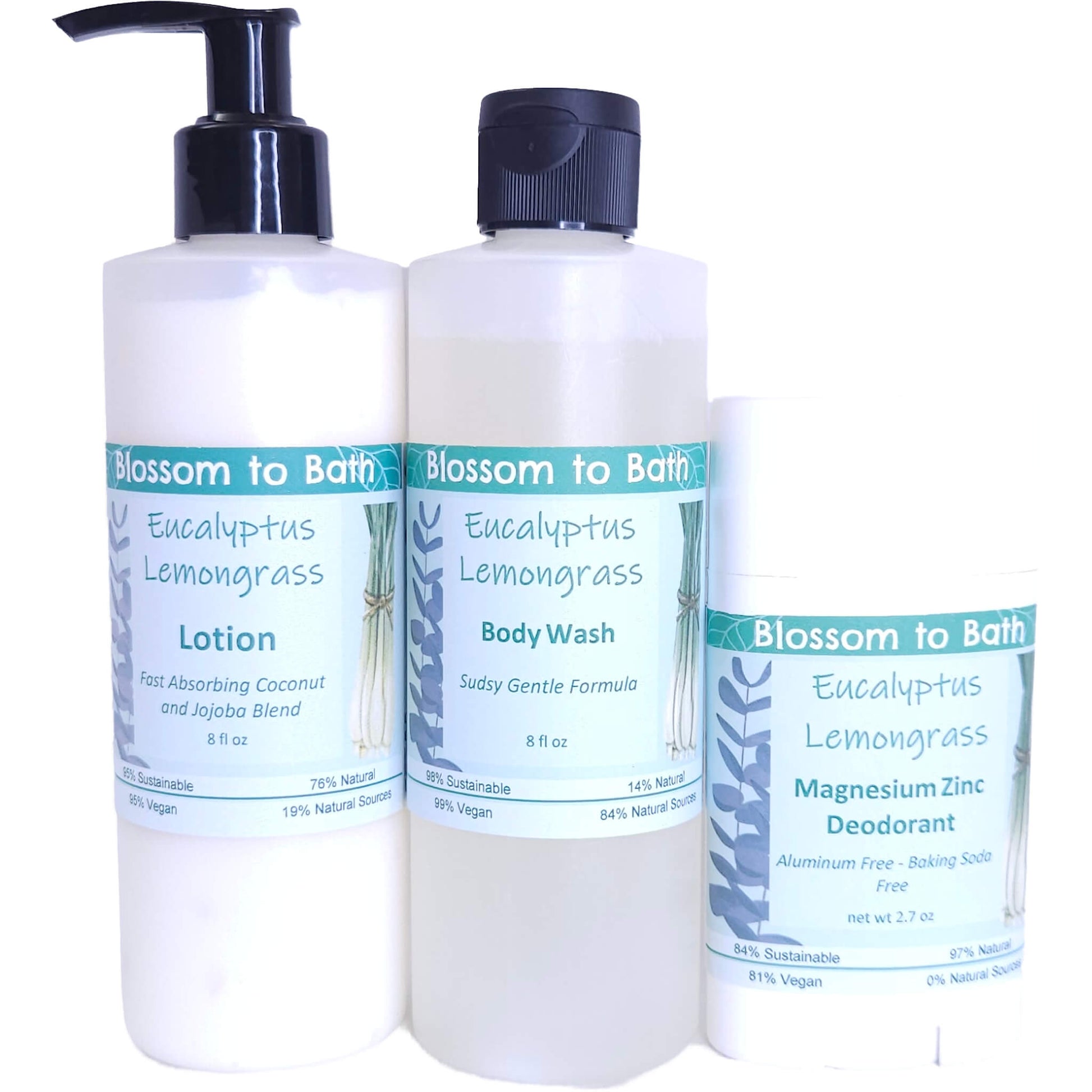 Buy Blossom to Bath Eucalyptus Lemongrass Daily Essentials Bundle from Flowersong Soap Studio.   Your Daily Ritual, Scented with Eucalyptus Lemongrass* Confidence .  Fresh, sweet herbally clean scent of lemongrass and bracing Eucalyptus.