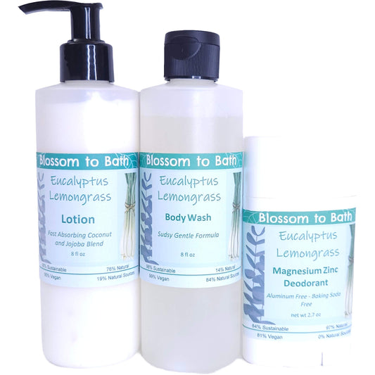 Buy Blossom to Bath Eucalyptus Lemongrass Daily Essentials Bundle from Flowersong Soap Studio.   Your Daily Ritual, Scented with Eucalyptus Lemongrass* Confidence .  Fresh, sweet herbally clean scent of lemongrass and bracing Eucalyptus.