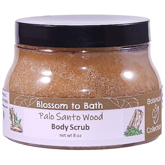 Buy Blossom to Bath Palo Santo Wood Body Scrub from Flowersong Soap Studio.   Large Crystal Turbinado Sugar Scrub with Warm Woody Scented Emollient Oils - Exfoliate and Moisturize in One Step .  Soulful warm Palo Santo blends with spices and herbs accented with Sandalwood.