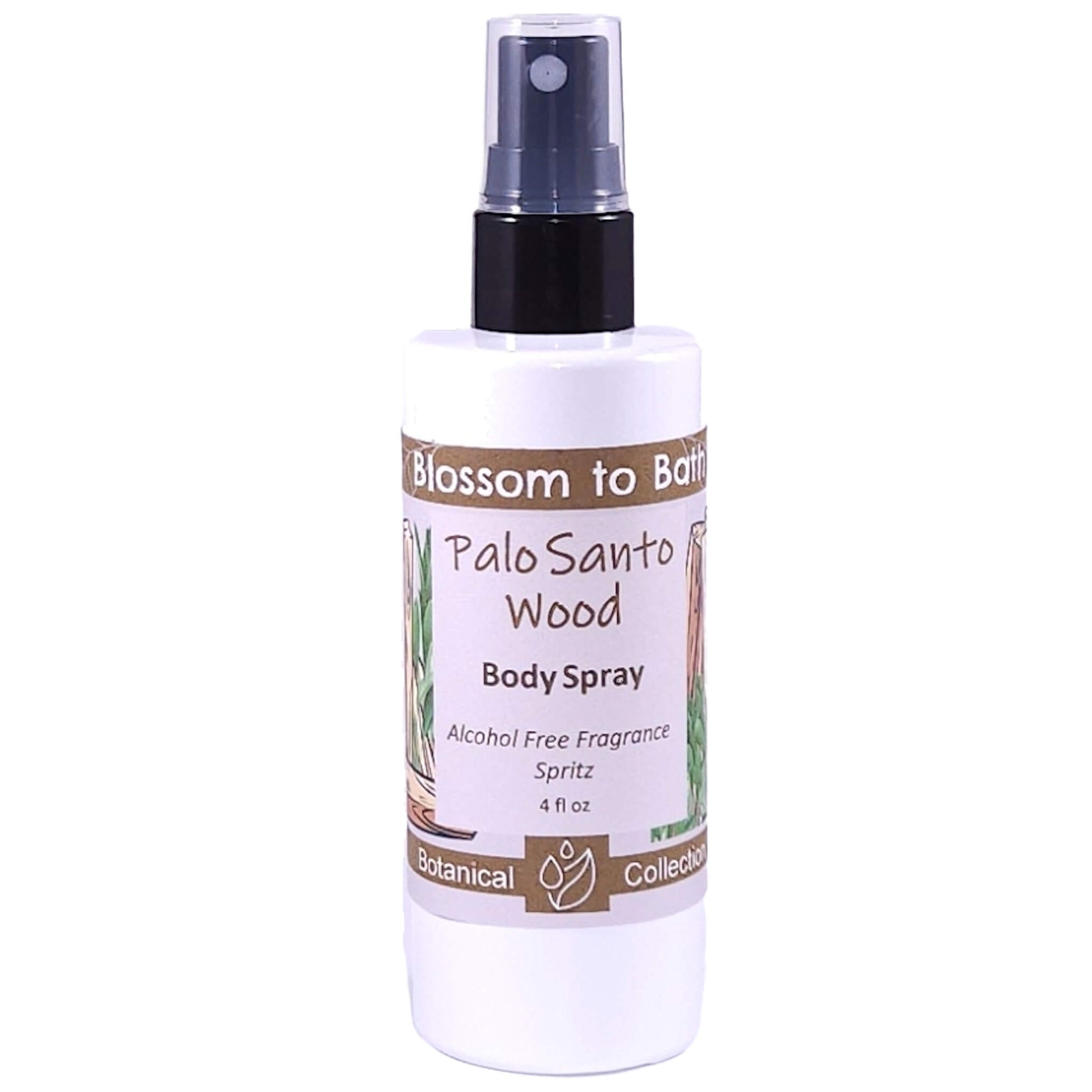 Buy Blossom to Bath Palo Santo Wood Body Spray from Flowersong Soap Studio.   Alcohol Free Body Spray for Warm Woody Scented Freshening of Skin, Linens, or Air .  Soulful warm Palo Santo blends with spices and herbs accented with Sandalwood.