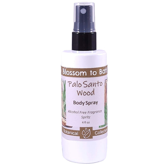 Buy Blossom to Bath Palo Santo Wood Body Spray from Flowersong Soap Studio.   Alcohol Free Body Spray for Warm Woody Scented Freshening of Skin, Linens, or Air .  Soulful warm Palo Santo blends with spices and herbs accented with Sandalwood.