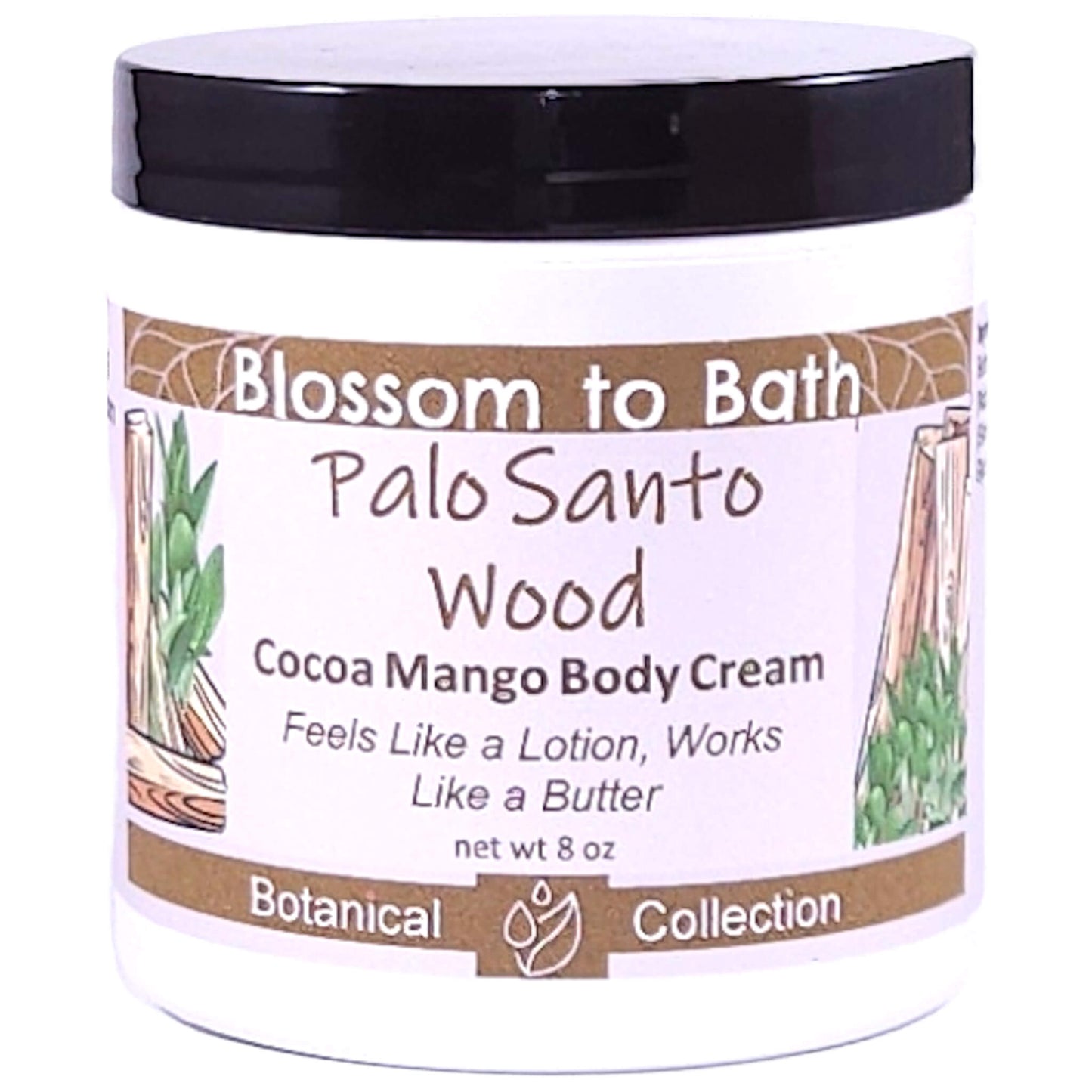 Buy Blossom to Bath Palo Santo Wood Cocoa Mango Body Cream from Flowersong Soap Studio.   Rich Body Cream with Warm Woody Scented Butters Softens Even the Roughest Skin All Day .  Soulful warm Palo Santo blends with spices and herbs accented with Sandalwood.