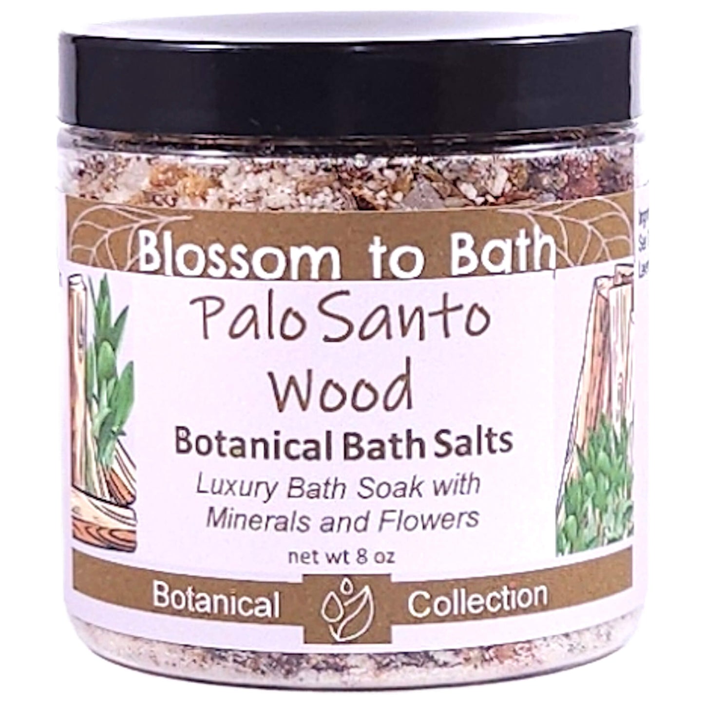 Buy Blossom to Bath Palo Santo Wood Botanical Bath Salts from Flowersong Soap Studio.   A Hand Selected Variety of Skin Loving Botanicals for a Luxurious Warm Woody Scented Soaking Experience .  Soulful warm Palo Santo blends with spices and herbs accented with Sandalwood.