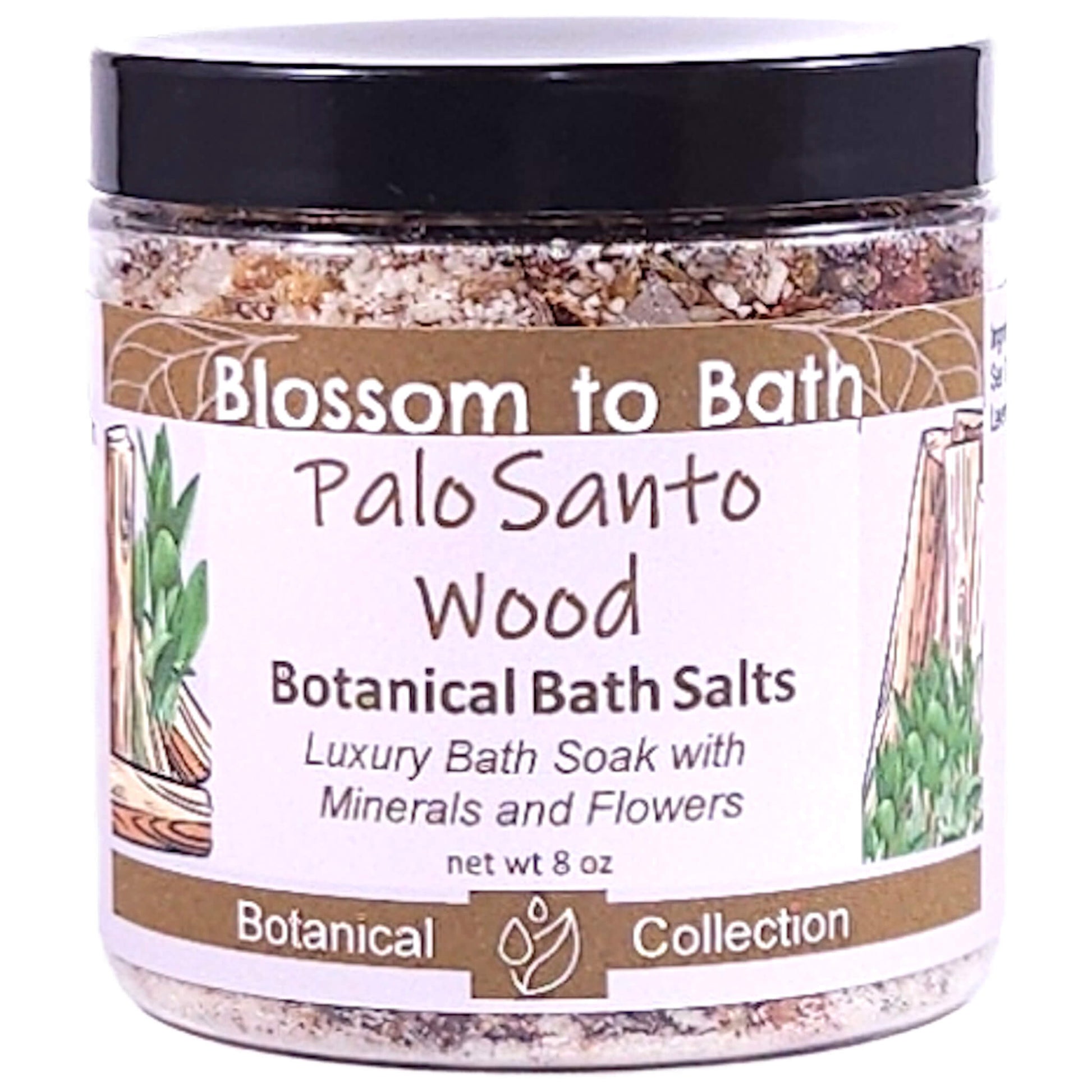 Buy Blossom to Bath Palo Santo Wood Botanical Bath Salts from Flowersong Soap Studio.   A Hand Selected Variety of Skin Loving Botanicals for a Luxurious Warm Woody Scented Soaking Experience .  Soulful warm Palo Santo blends with spices and herbs accented with Sandalwood.