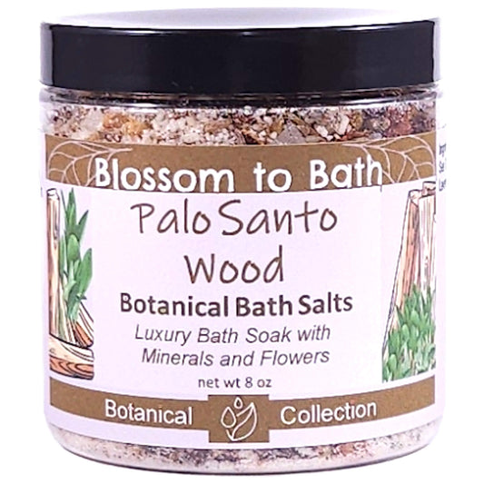Buy Blossom to Bath Palo Santo Wood Botanical Bath Salts from Flowersong Soap Studio.   A Hand Selected Variety of Skin Loving Botanicals for a Luxurious Warm Woody Scented Soaking Experience .  Soulful warm Palo Santo blends with spices and herbs accented with Sandalwood.